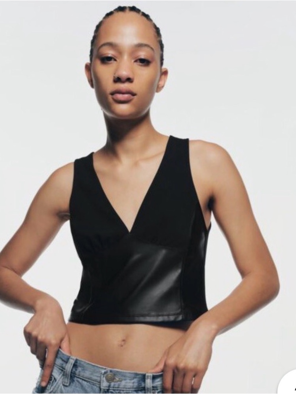 Black Faux-Leather V-Neck Crop Top